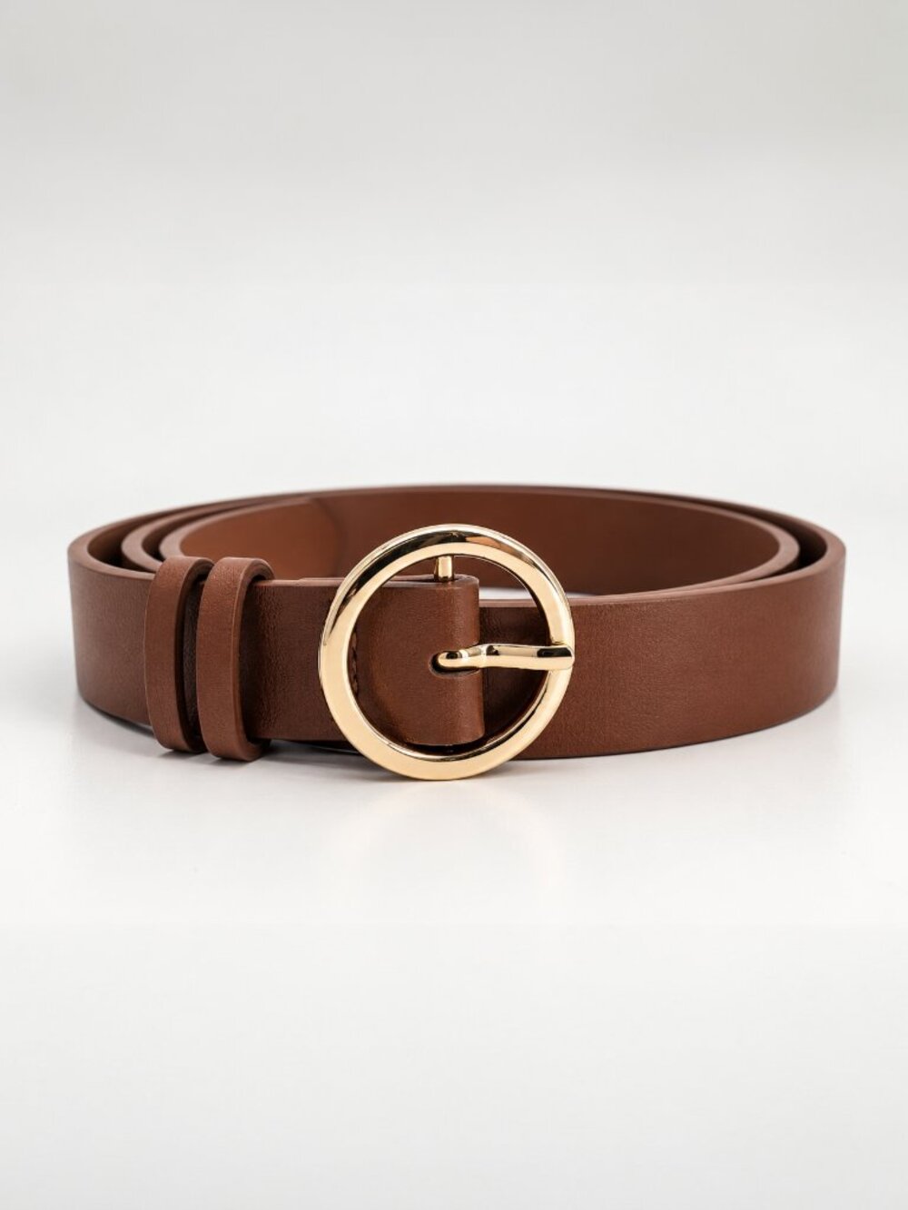 Brown Skinny Belt Gold Round Buckle Women’s Waist Belt